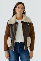 Oui brown reversible faux shearling jacket with cream teddy collar and patch pockets – front model view