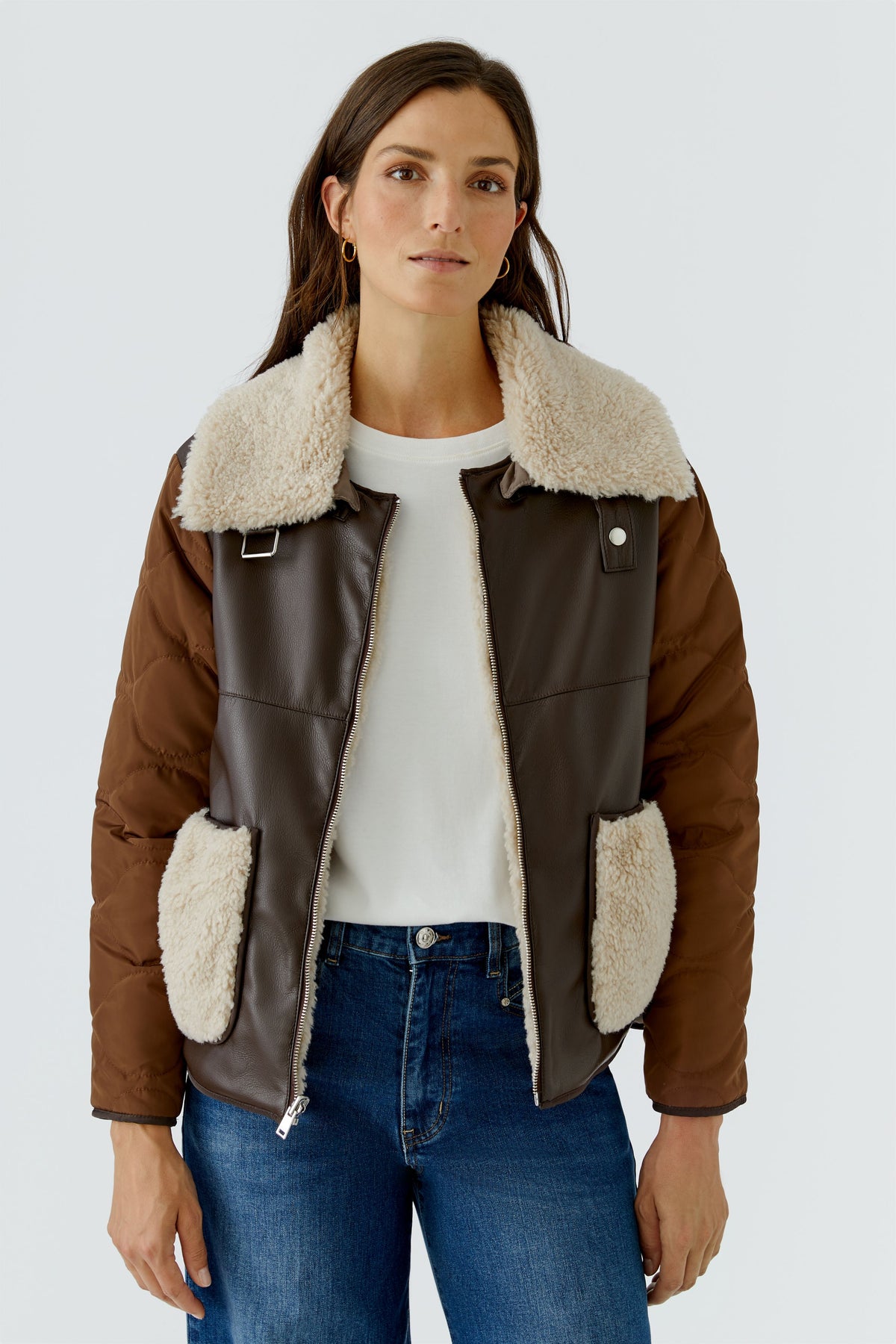 Oui brown reversible faux shearling jacket with cream teddy collar and patch pockets – front model view