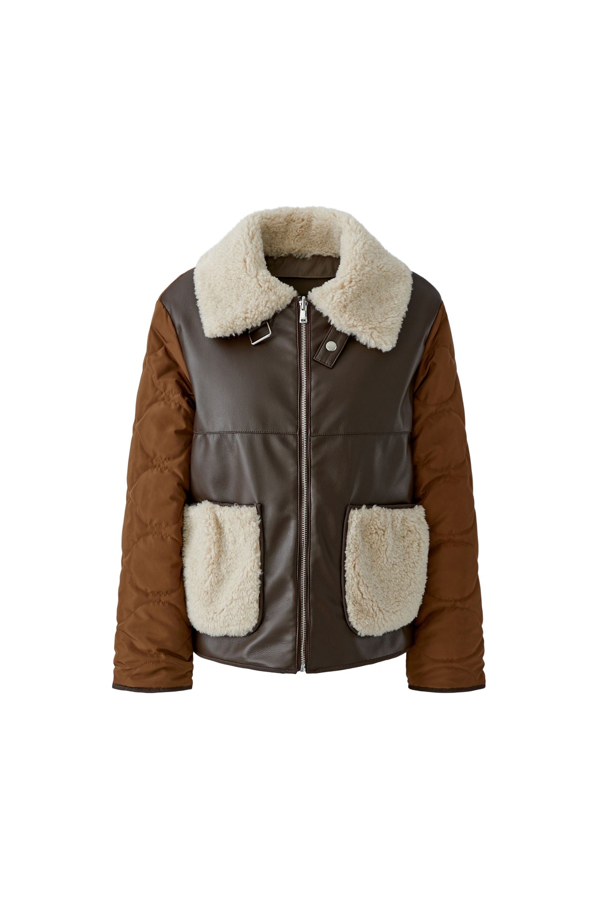 Oui brown reversible faux shearling jacket with cream collar and patch pockets – product front view