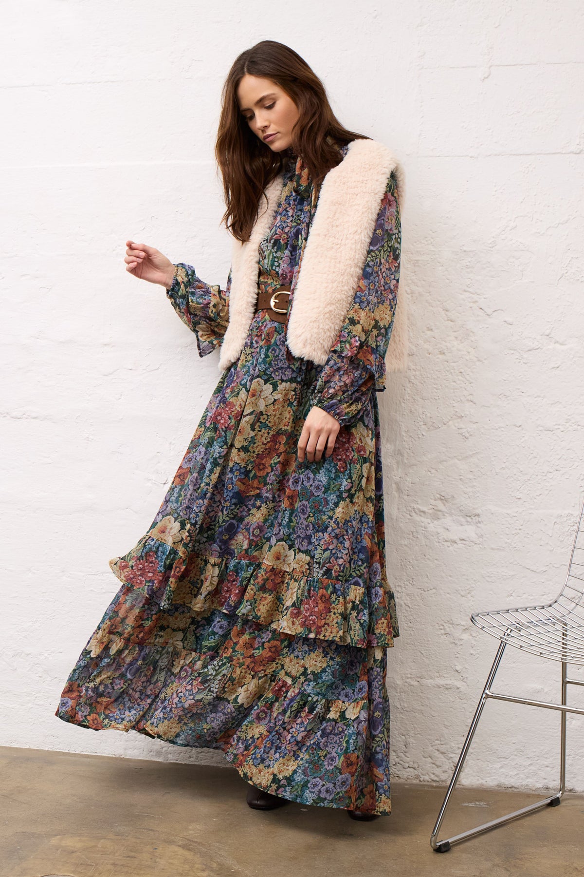 Oui multicolour chiffon maxi dress – styled full-length model view
