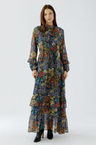 Oui floral Gobelin ruffle maxi dress – full front model view
