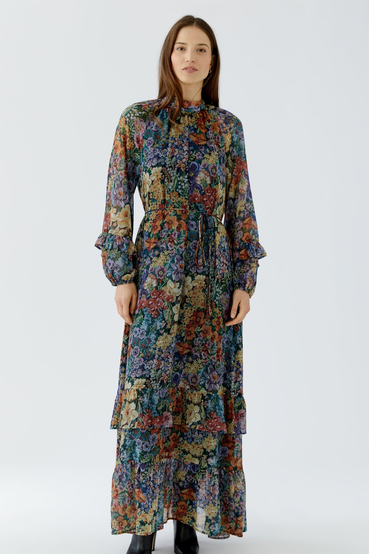  Oui floral Gobelin ruffle maxi dress – full-length front view