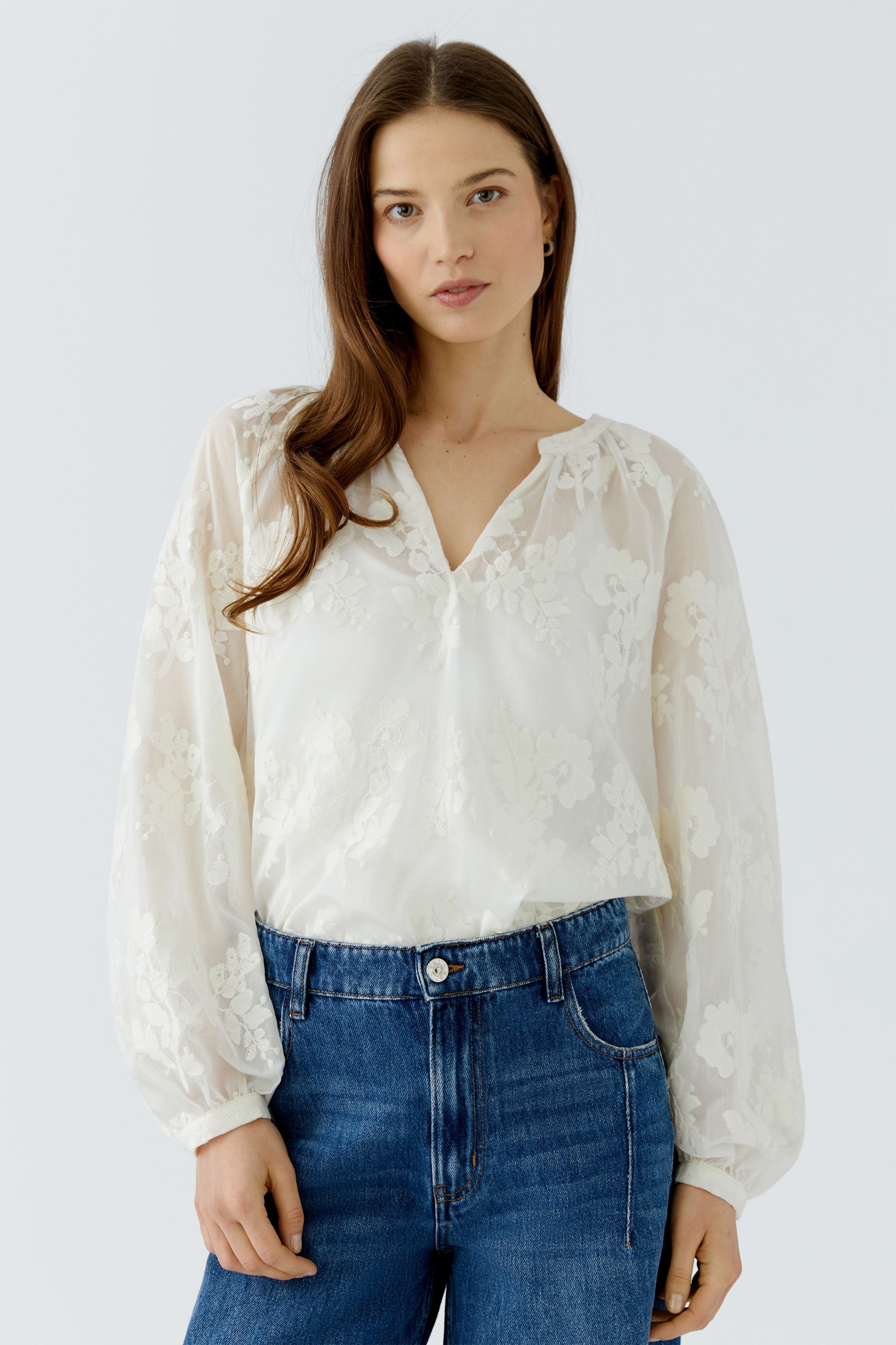Oui embroidered floral semi-sheer blouse – front model view