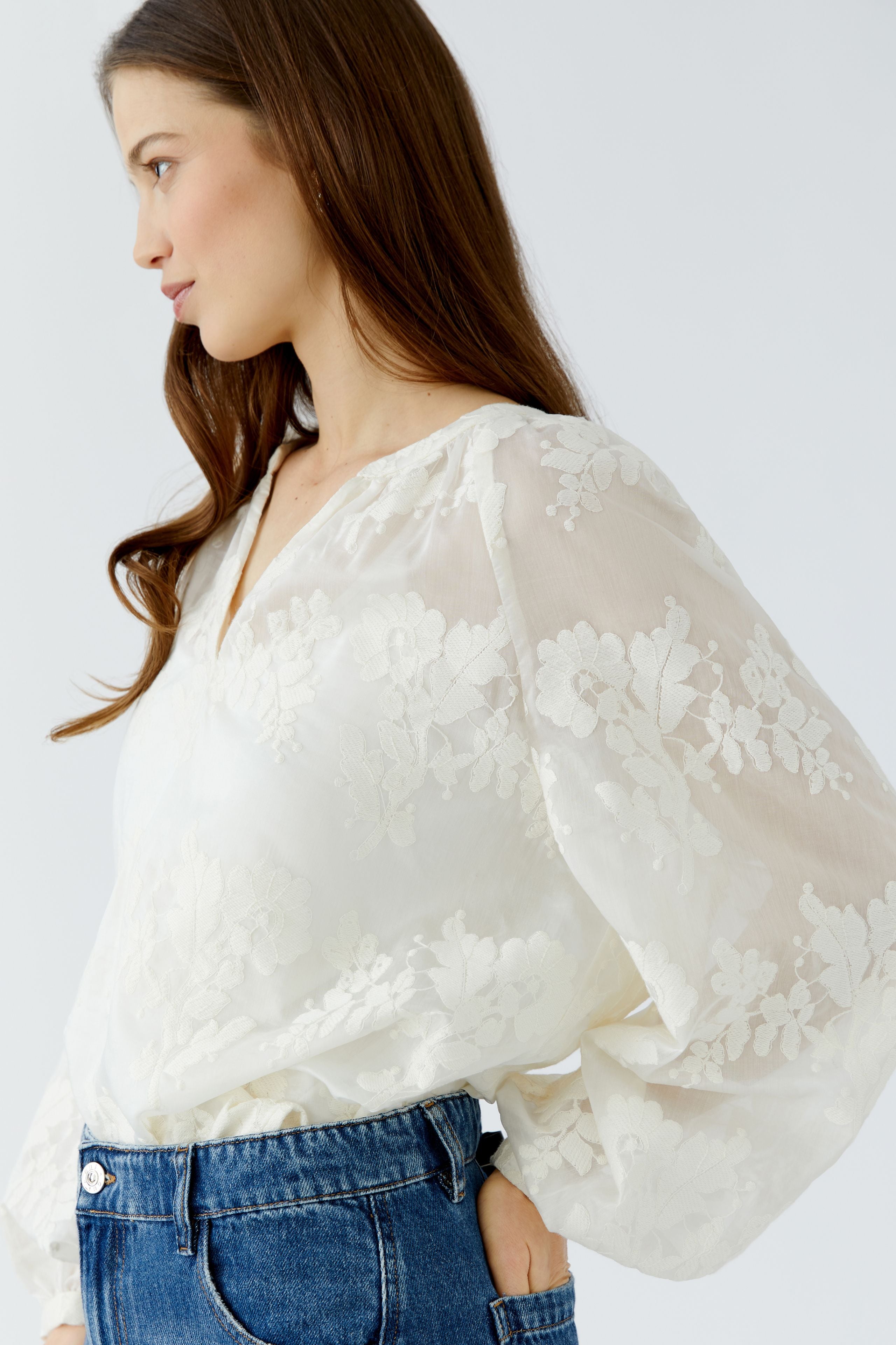 Oui semi-sheer floral blouse – sleeve and embroidery detail