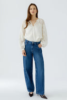Oui embroidered floral blouse – full-length model view with jeans