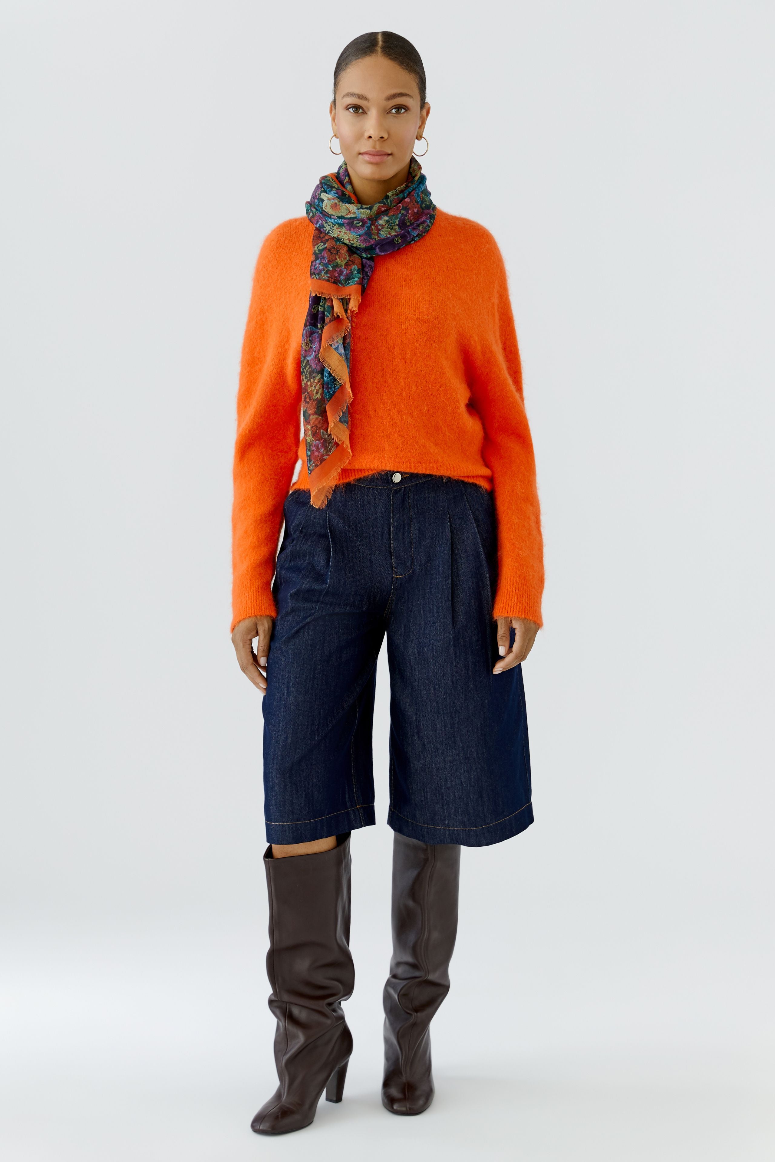 Oui large multicolour floral scarf styled full length on model