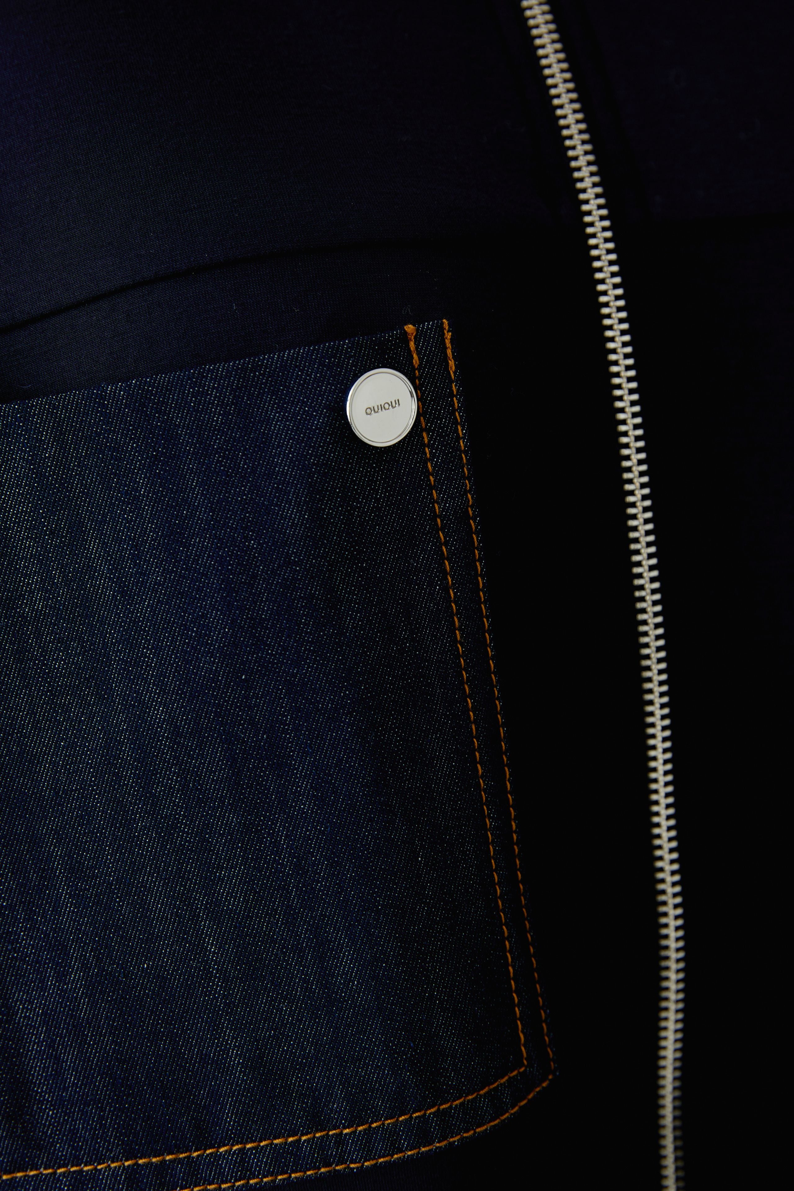 Oui navy scuba jacket with denim pocket, silver button and zip – close-up detail