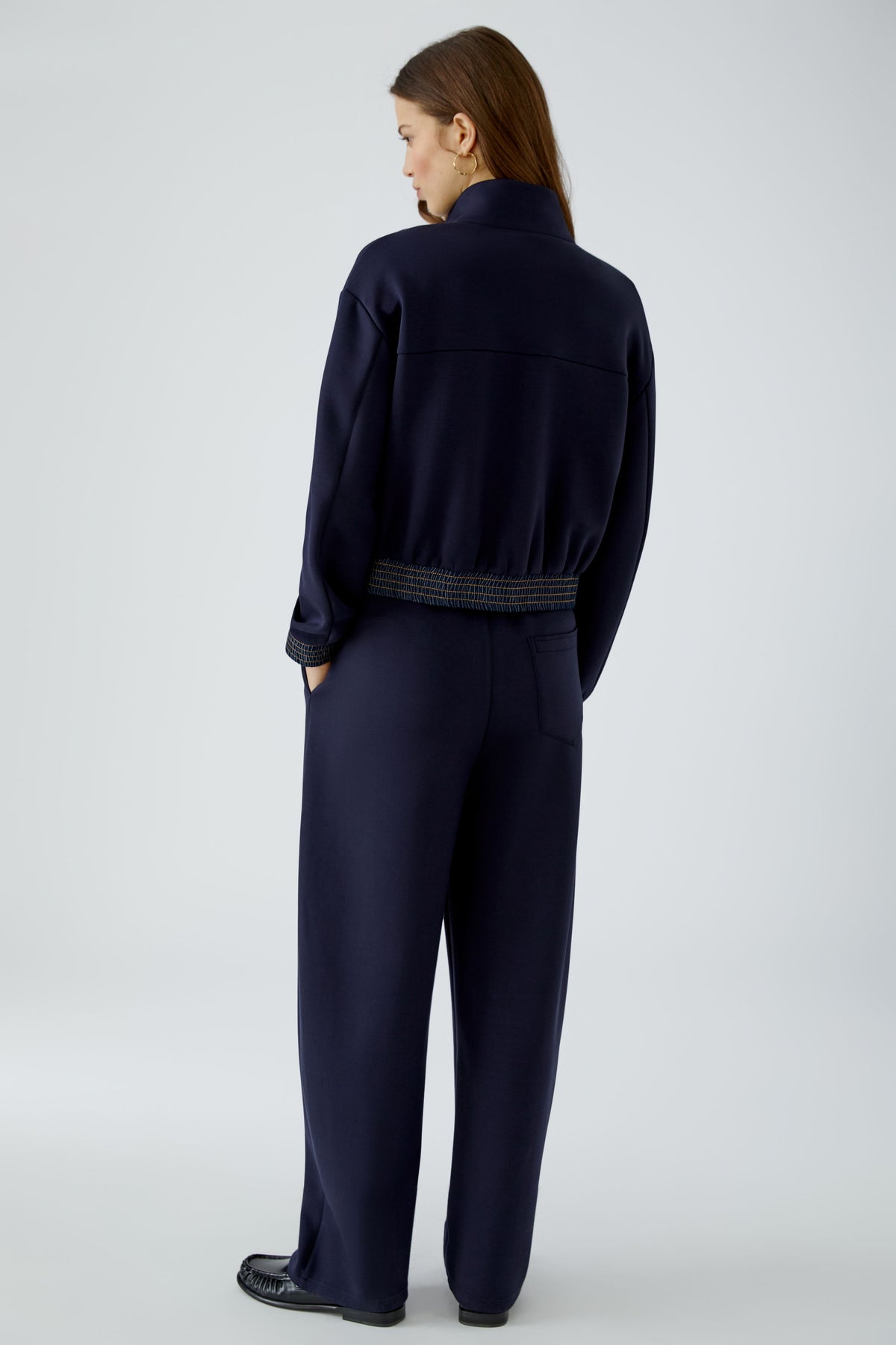 Oui navy cropped scuba blouson jacket – back model view