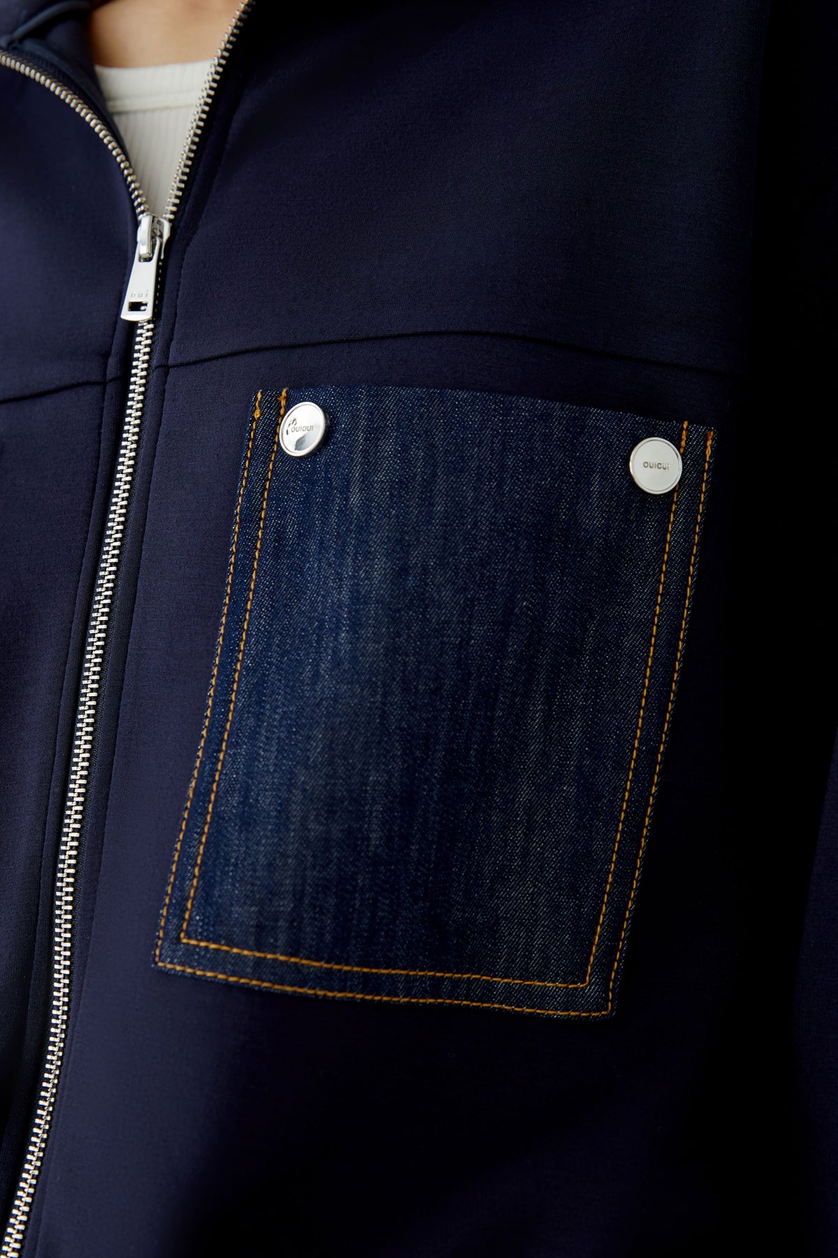 Oui navy blouson jacket denim patch pocket with contrast stitching – detail view