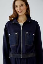 Oui navy scuba jacket with zip front and denim chest pockets – close model view