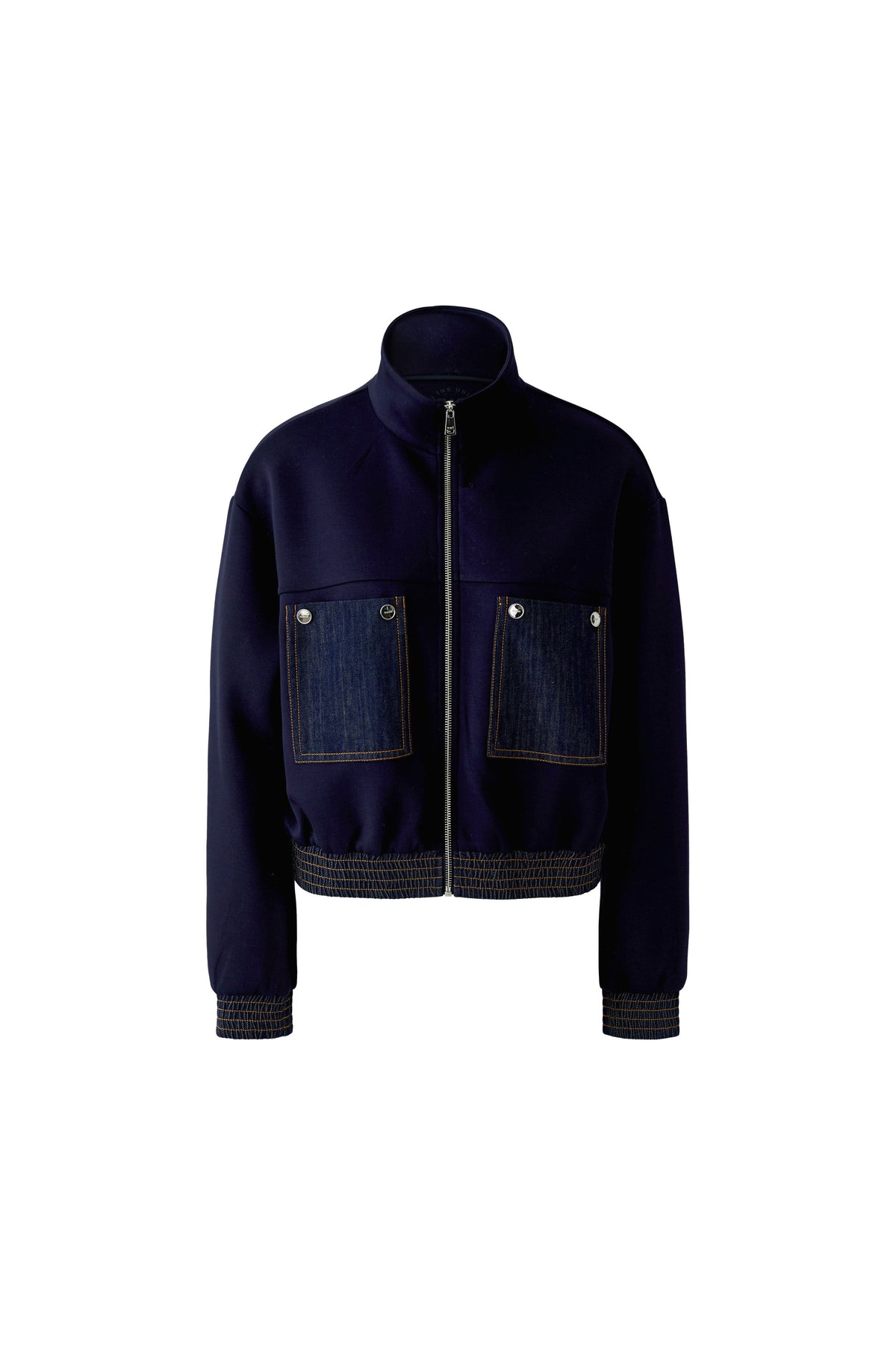 Oui navy scuba blouson jacket with denim patch pockets – front product view