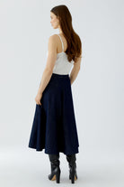 Oui dark blue denim A-line midi skirt back view on model