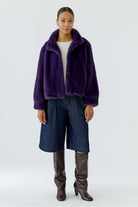 Oui women’s purple cropped faux fur jacket styled with culottes