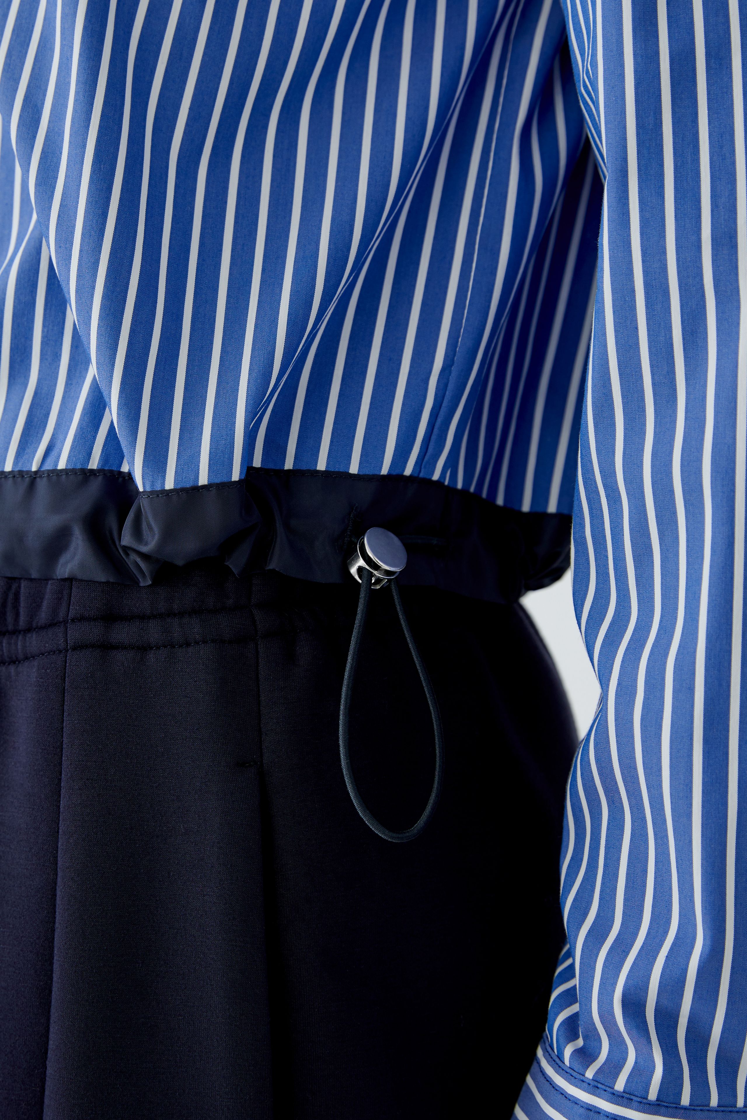 Oui blue white striped shirt drawstring hem detail close-up