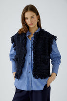 Oui navy bouclé waistcoat front view on model