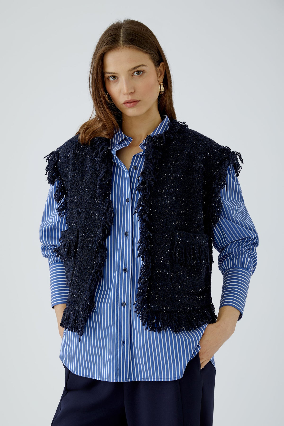 Oui navy bouclé waistcoat front view on model