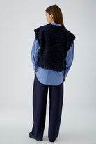 Oui women’s dark blue fringed waistcoat styled with navy trousers