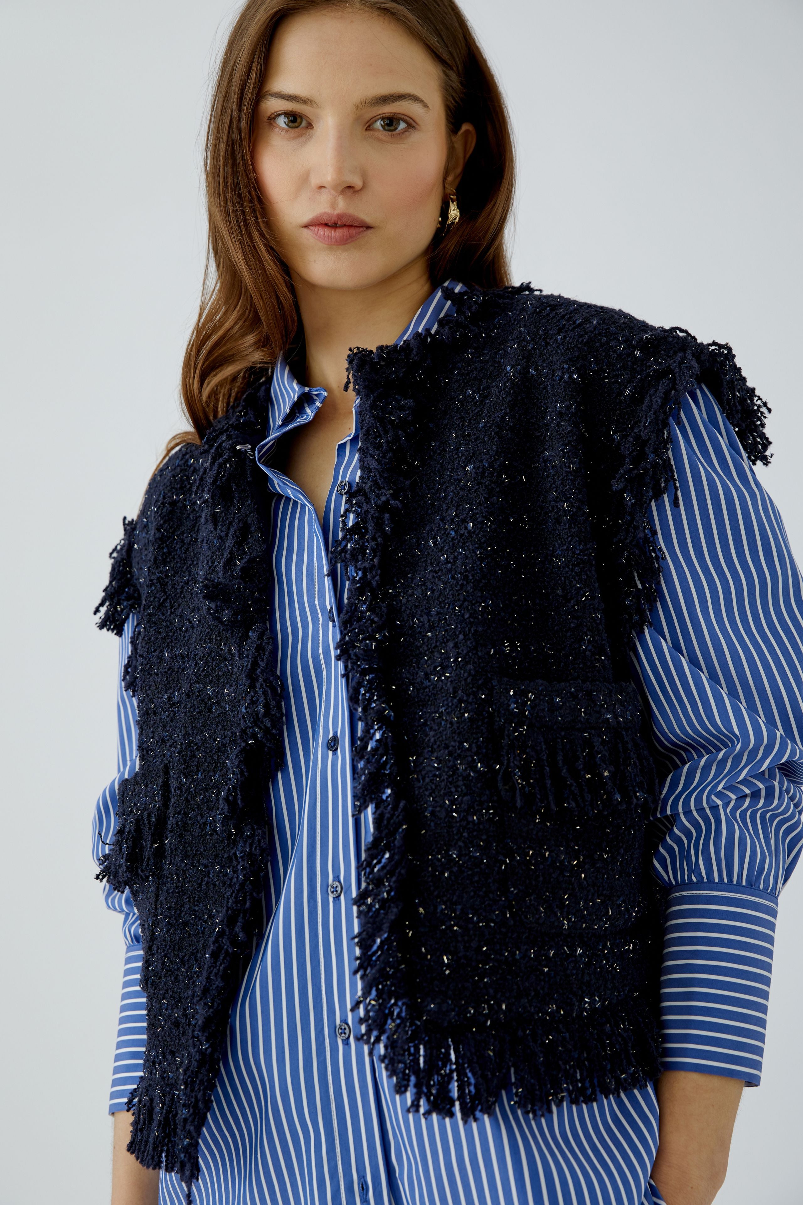 Oui dark blue bouclé waistcoat styled with jeans