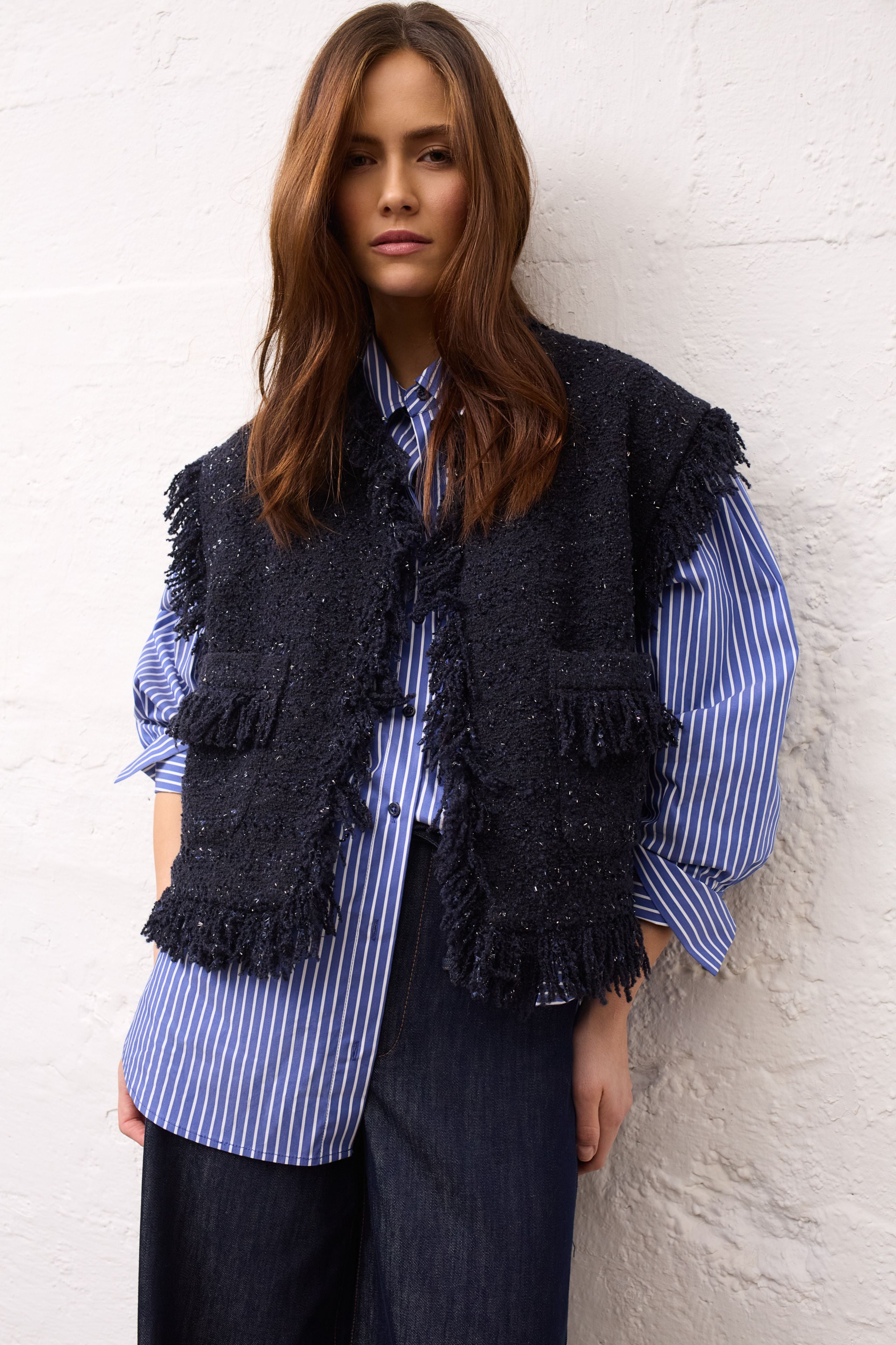 Oui dark blue bouclé waistcoat styled with jeans