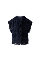 Oui navy bouclé waistcoat fringe and texture detail close-up