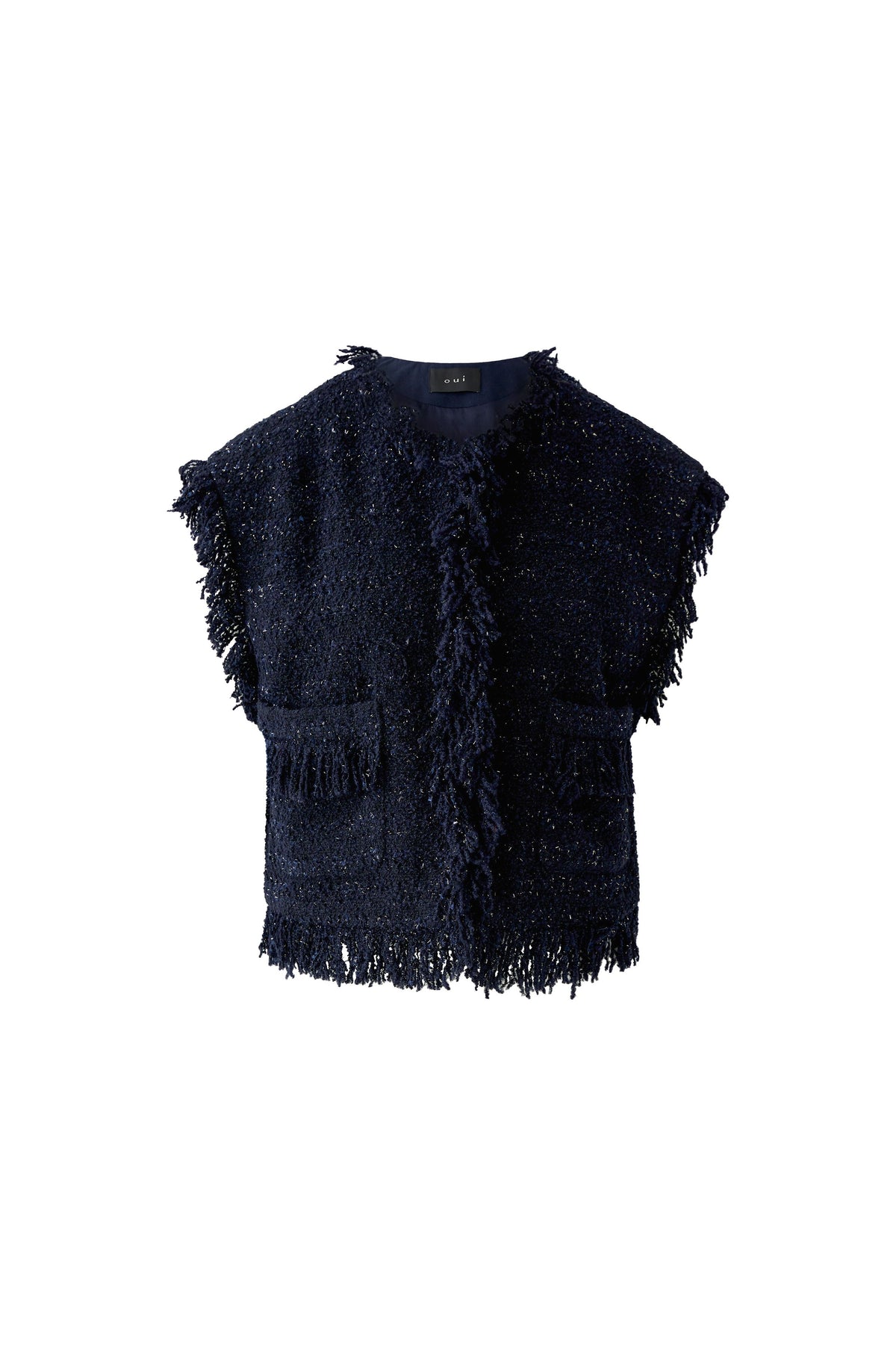 Oui navy bouclé waistcoat fringe and texture detail close-up