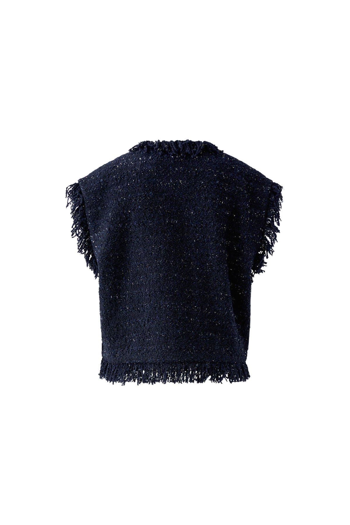Oui navy tweed-style sleeveless waistcoat fringe detail view