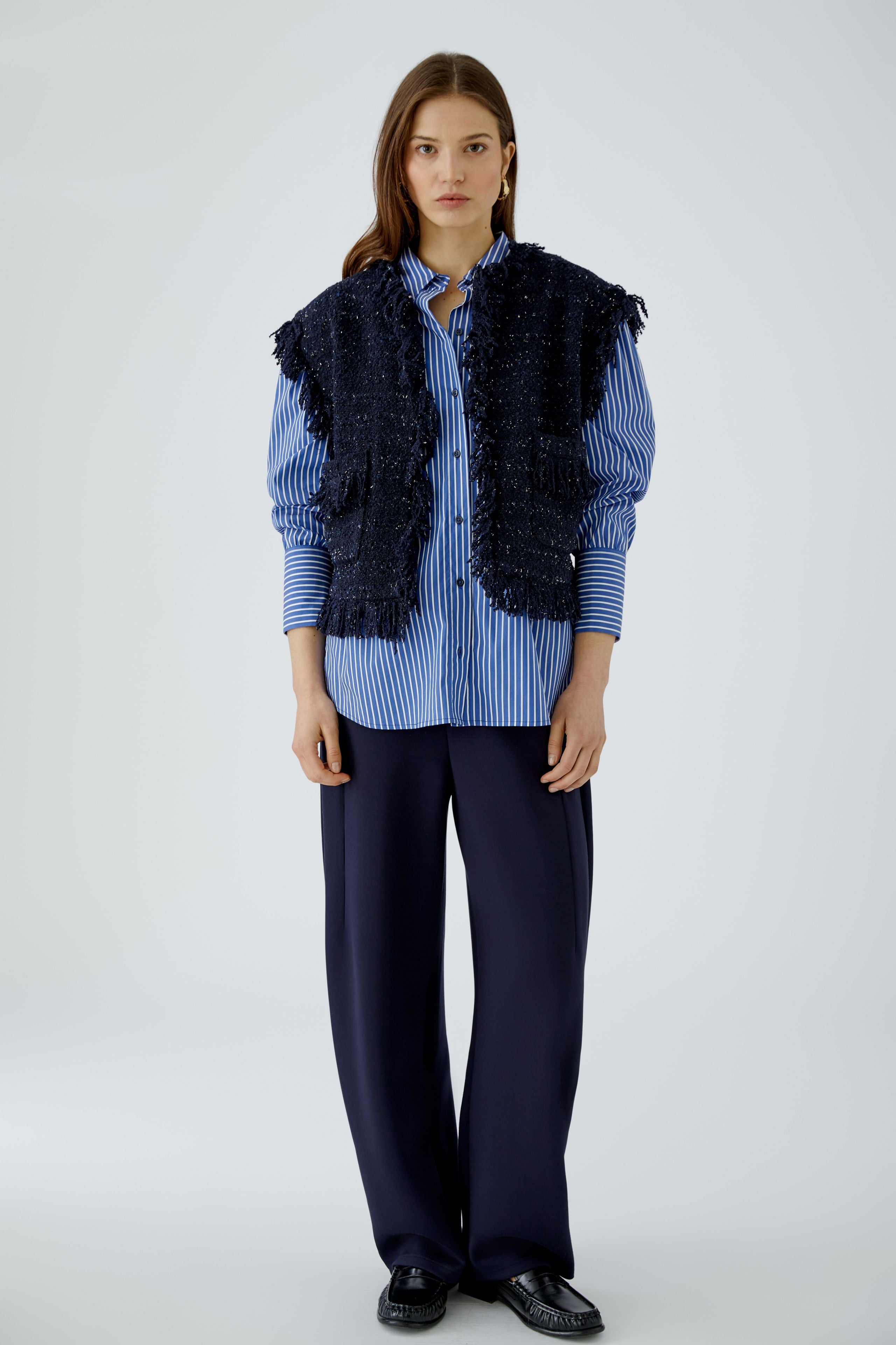 Oui navy bouclé fringed waistcoat styled over blue striped shirt