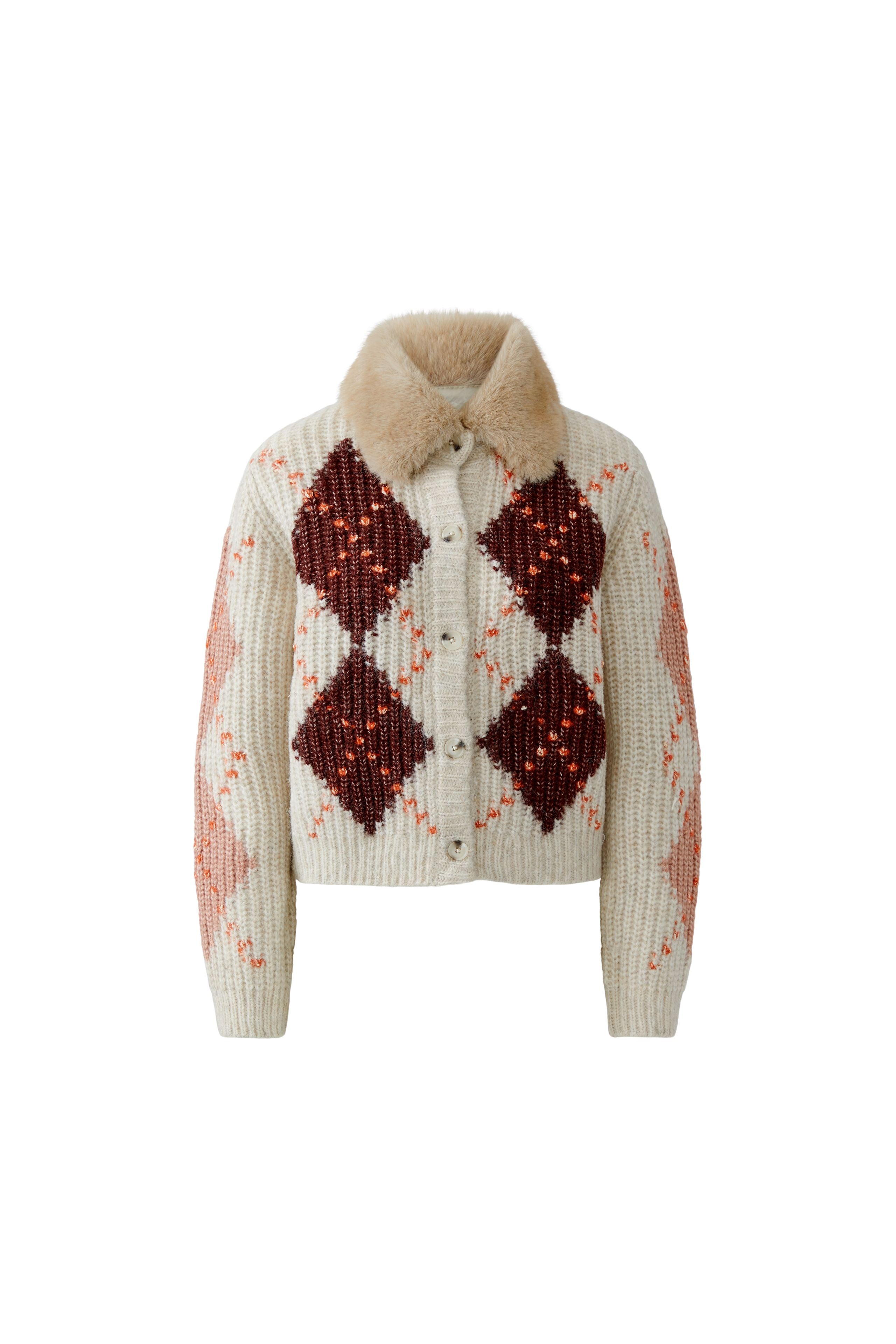 Oui cream argyle cardigan with faux fur collar – product front view