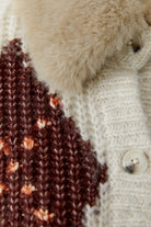 Oui cream cardigan with burgundy and pink argyle knit pattern – close-up