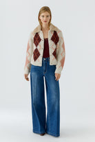Oui cream argyle faux fur collar cardigan – full front model view