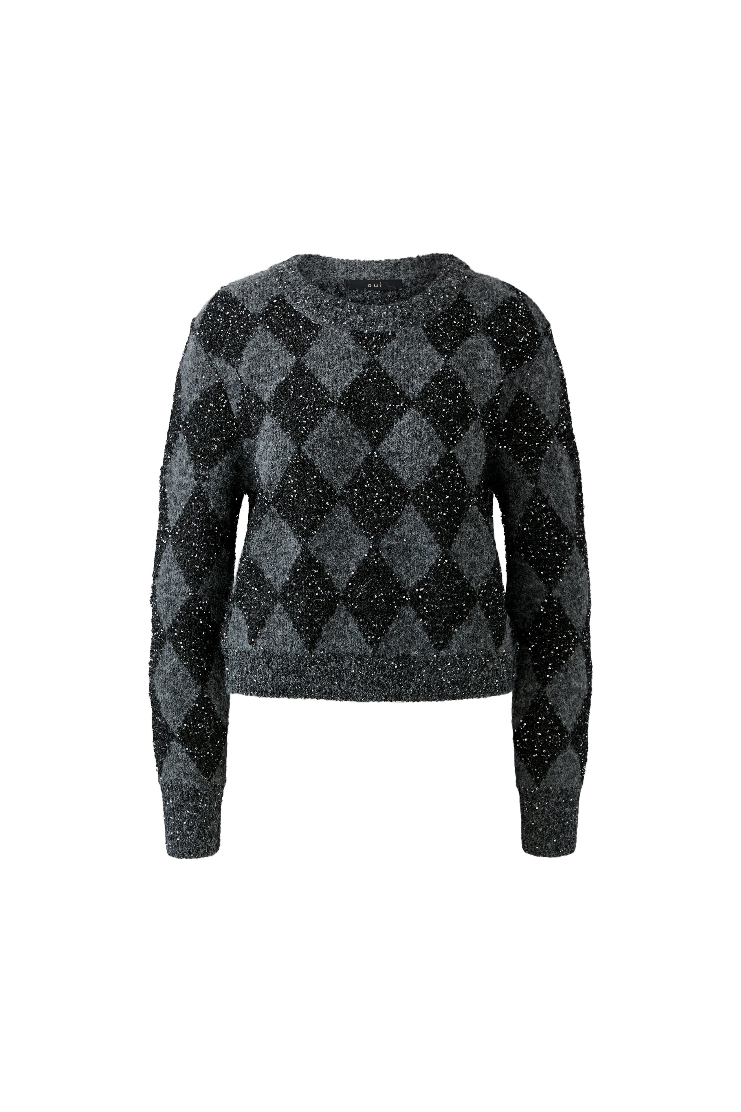Oui grey and silver sparkle argyle knitted jumper – product front view