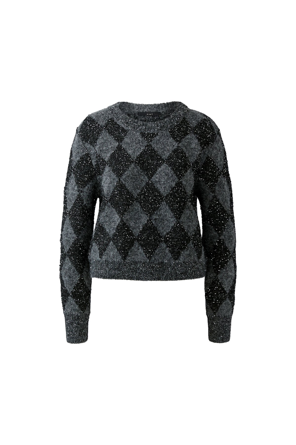Oui grey and silver sparkle argyle knitted jumper – product front view