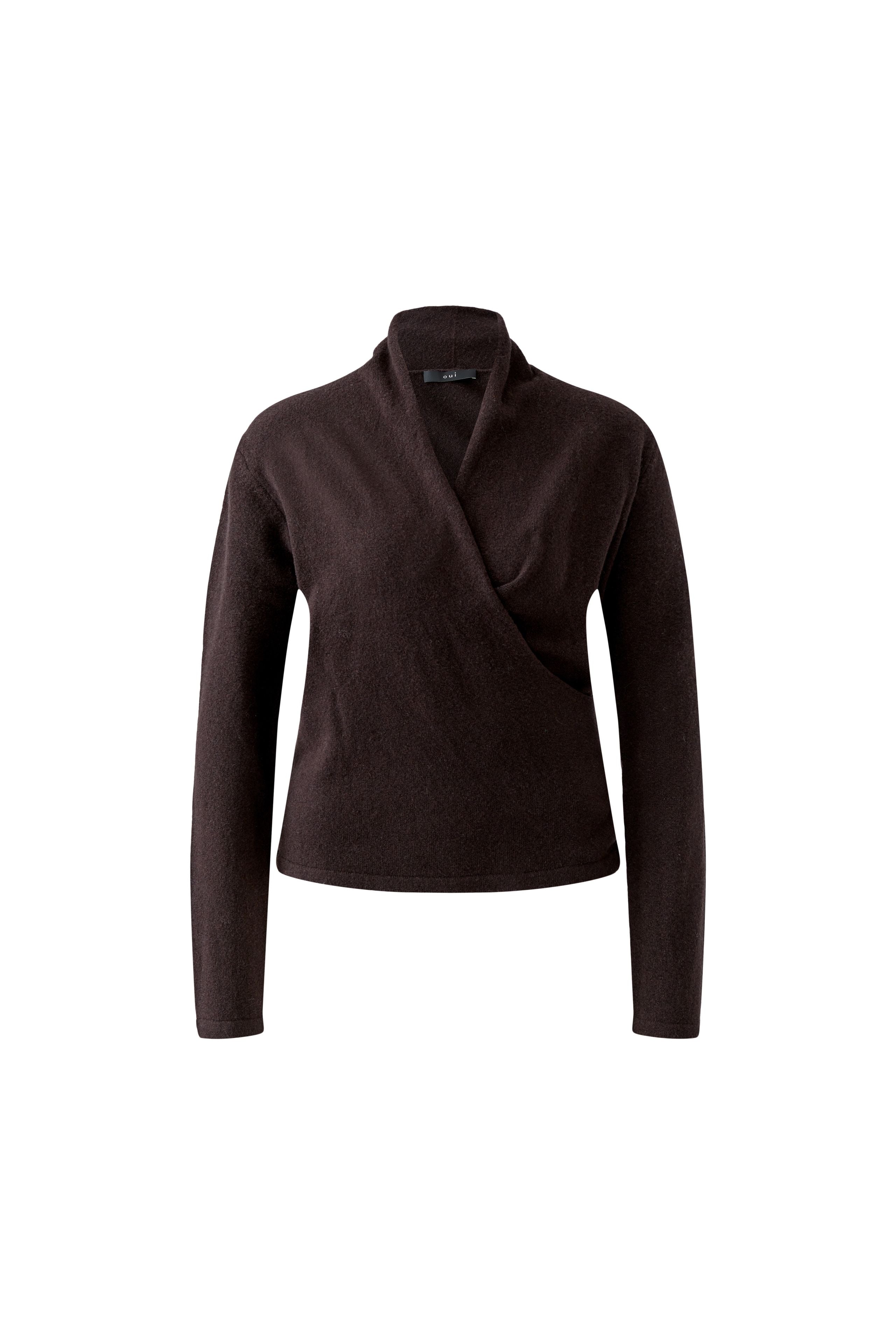 Oui brown long sleeve wrap knit jumper – product front view