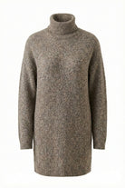 Oui taupe mélange turtleneck knitted dress with long sleeves and relaxed longline fit – front product view