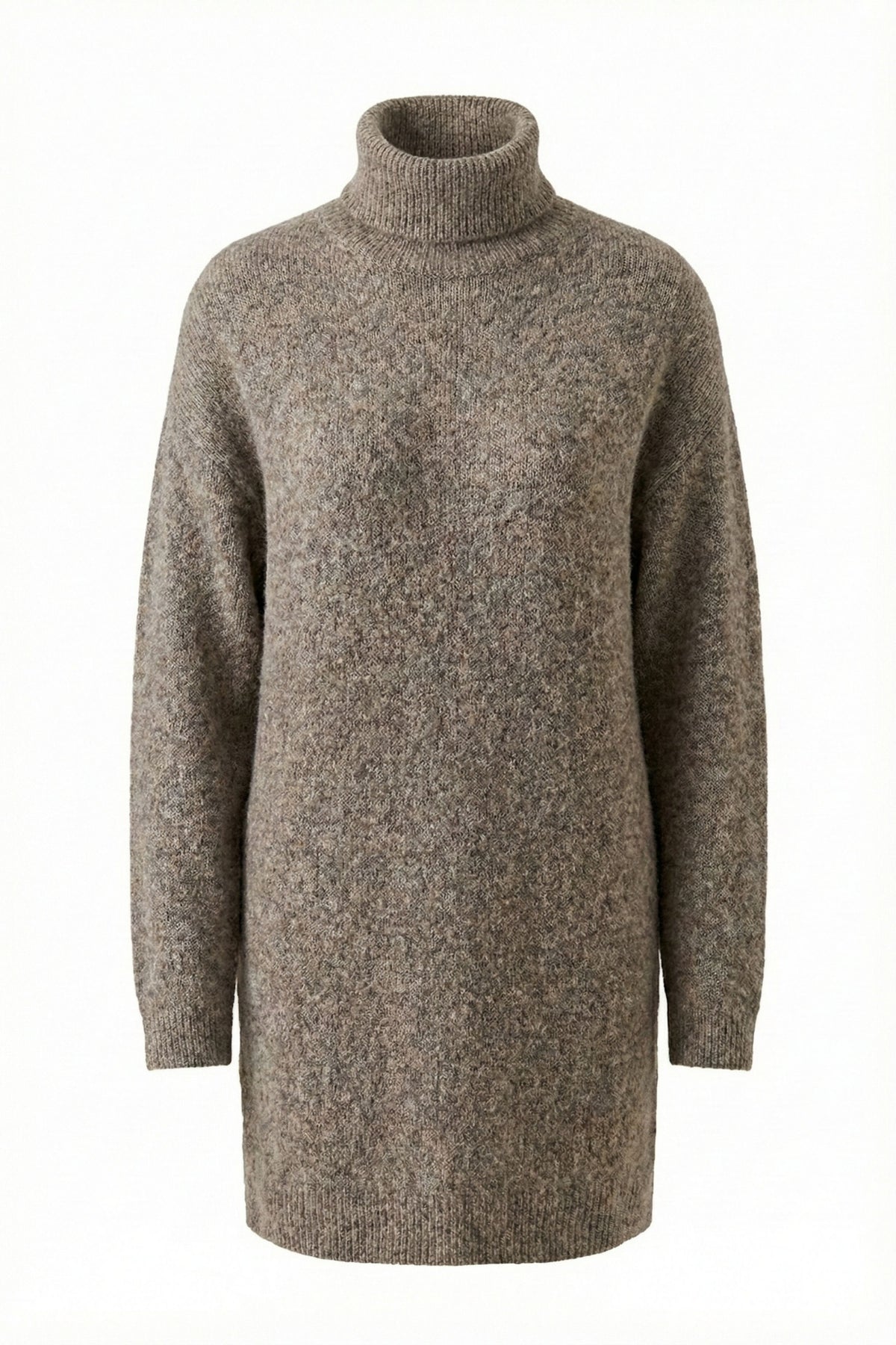 Oui taupe mélange turtleneck knitted dress with long sleeves and relaxed longline fit – front product view