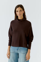 Oui Chocolate Torte brown fine knit turtleneck jumper – front model view