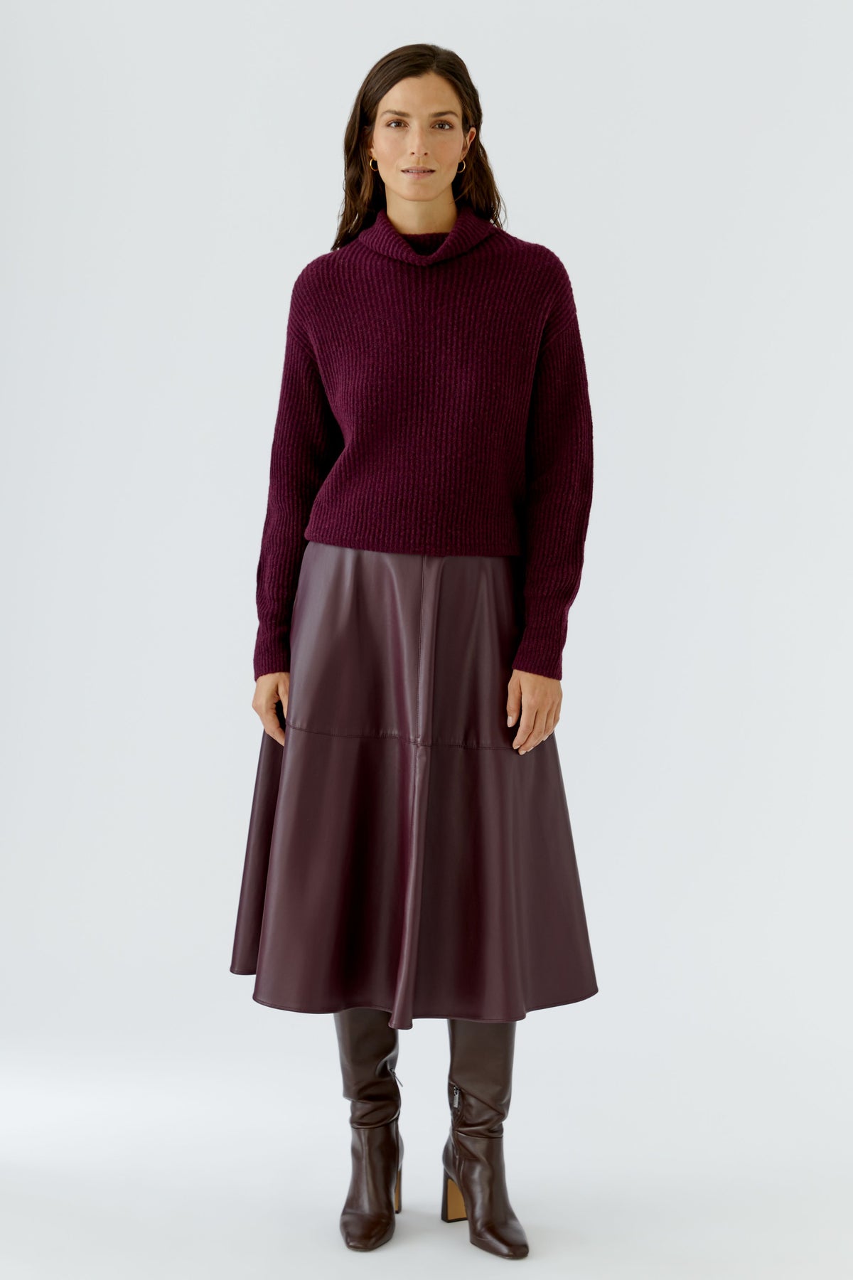 Oui burgundy cropped roll neck jumper styled with satin midi skirt – full outfit view