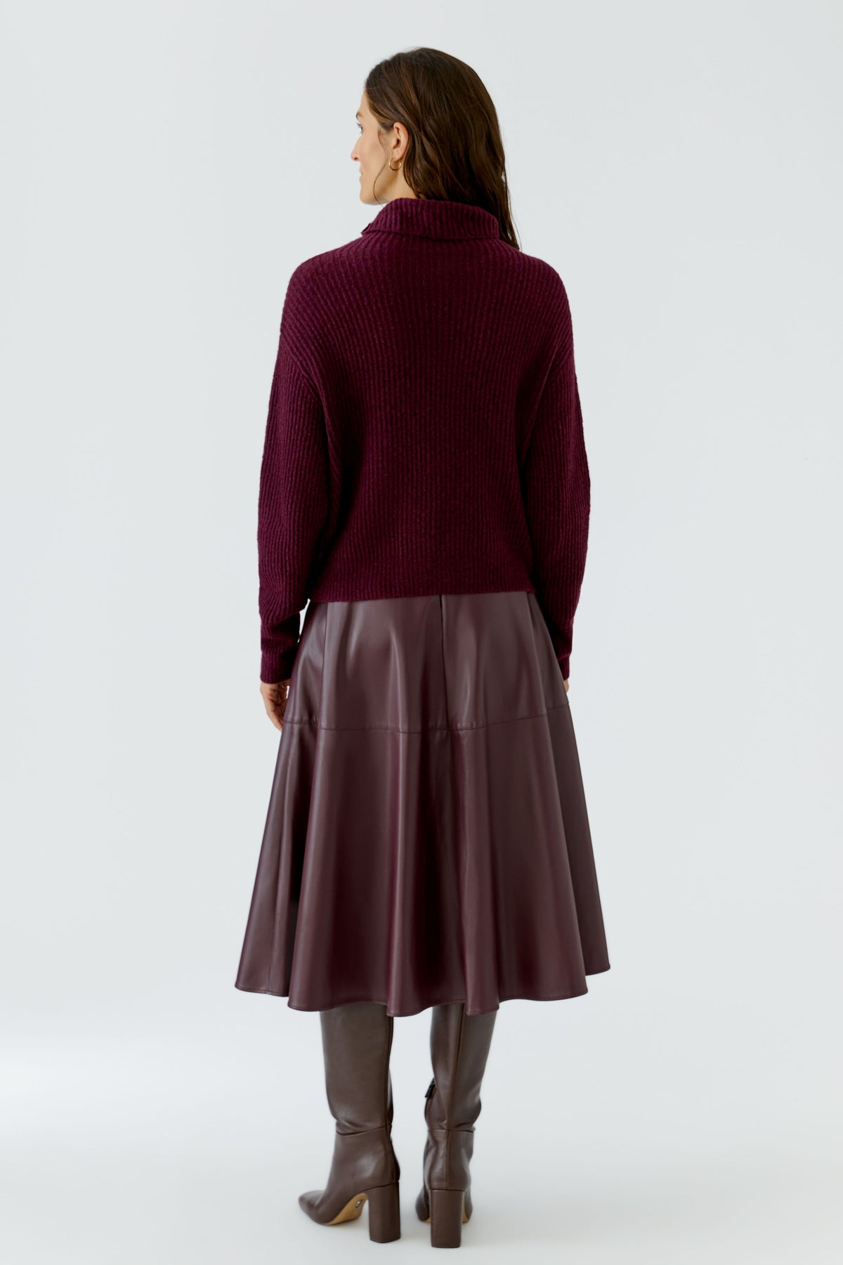 oui burgundy ribbed roll neck jumper styled with satin skirt – back model view