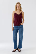 Oui burgundy strappy lace trim cami top – model view