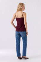 Oui burgundy lace trim cami top with adjustable straps – back model view