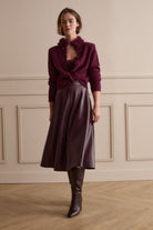 Oui burgundy lace trim cami layered with cardigan and satin midi skirt – outfit view