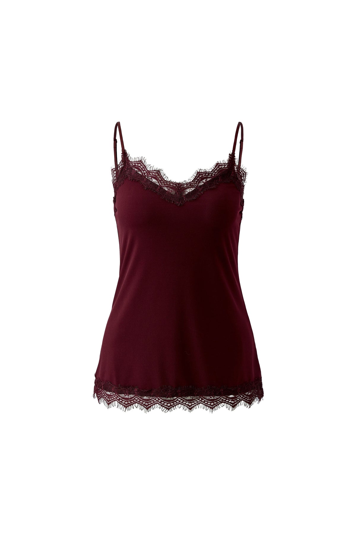 Oui burgundy V-neck lace camisole with scalloped hem – product view