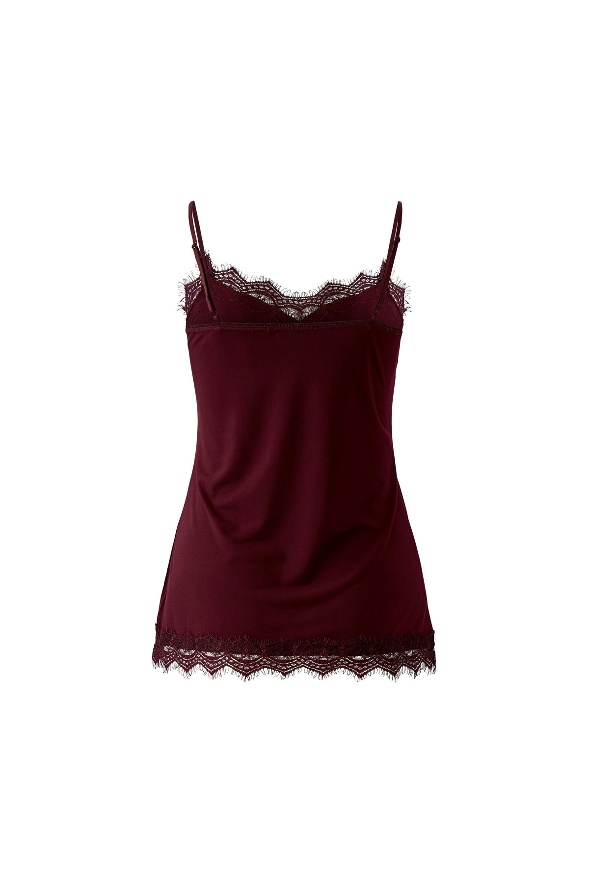 Oui burgundy scalloped lace trim cami top – front view