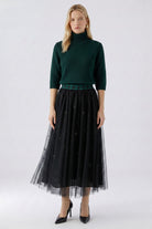 Oui black embellished tulle midi skirt with green knit – front model view