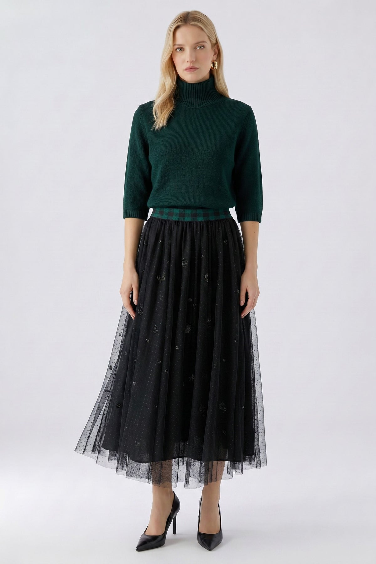 Oui black embellished tulle midi skirt with green knit – front model view