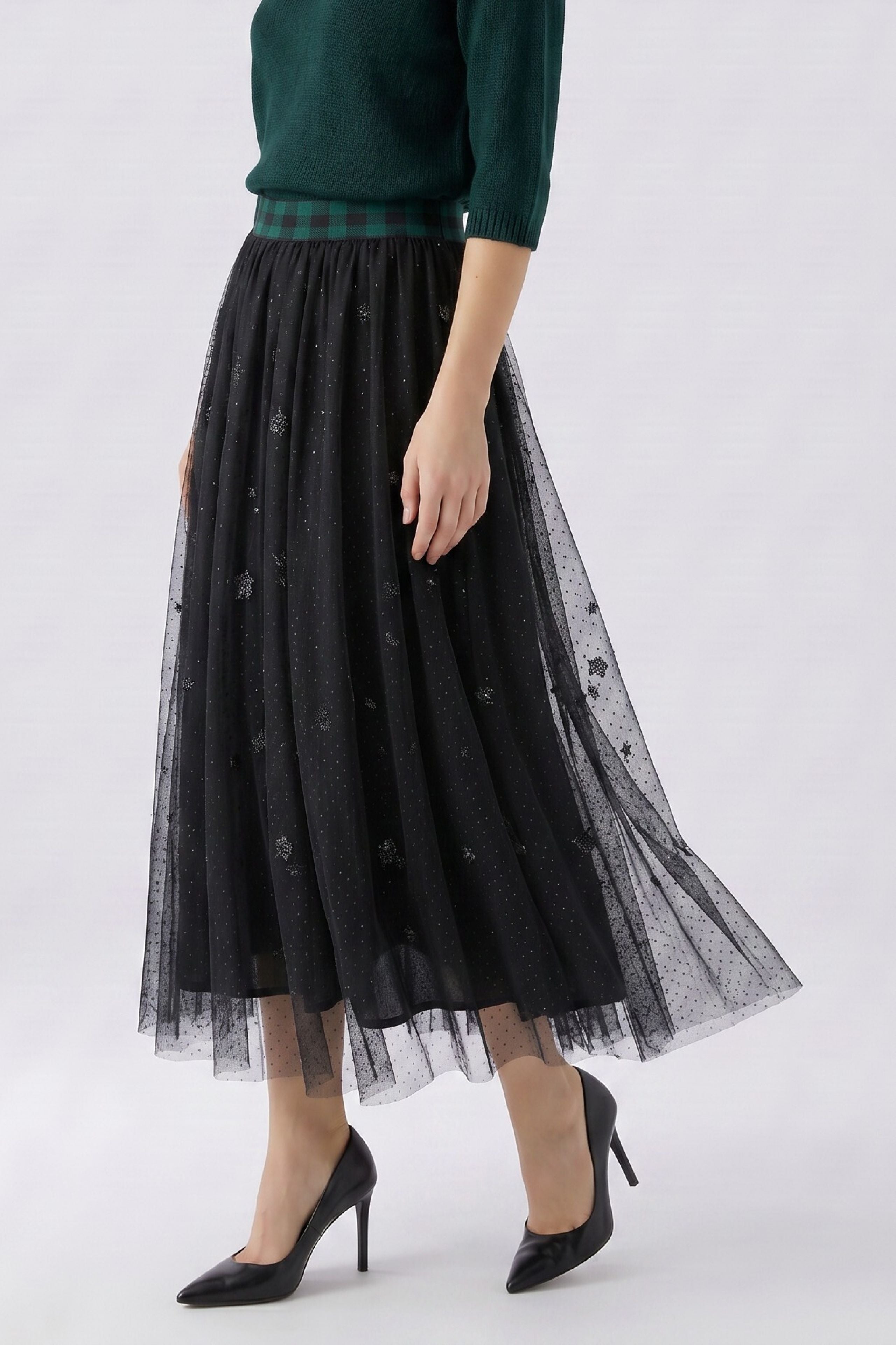 Oui black embellished tulle midi skirt – side model view
