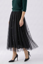 Oui black embellished tulle midi skirt – side model view