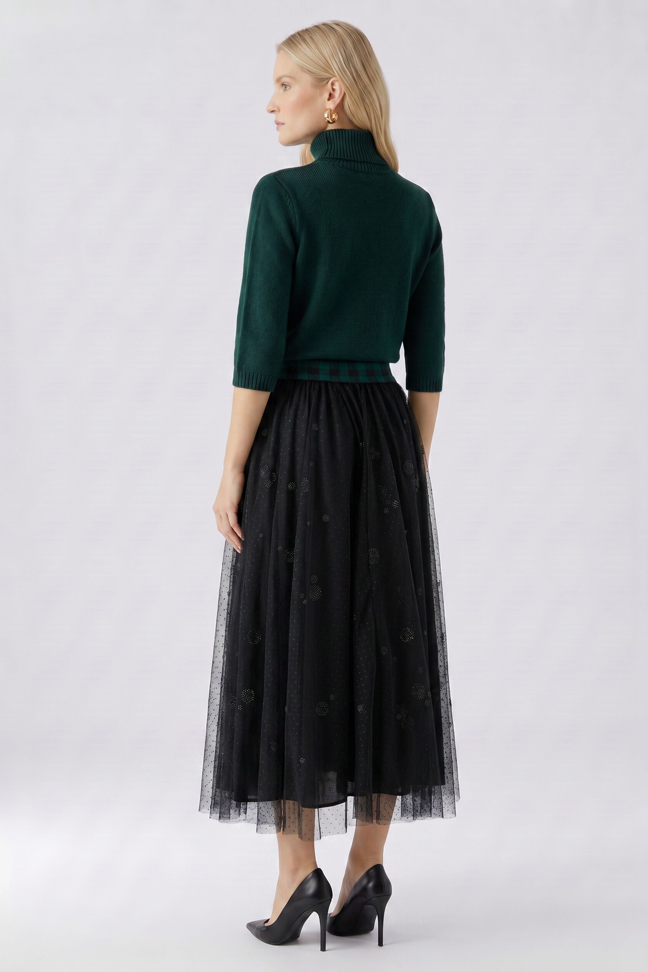 Oui black tulle midi skirt with check waistband – back model view