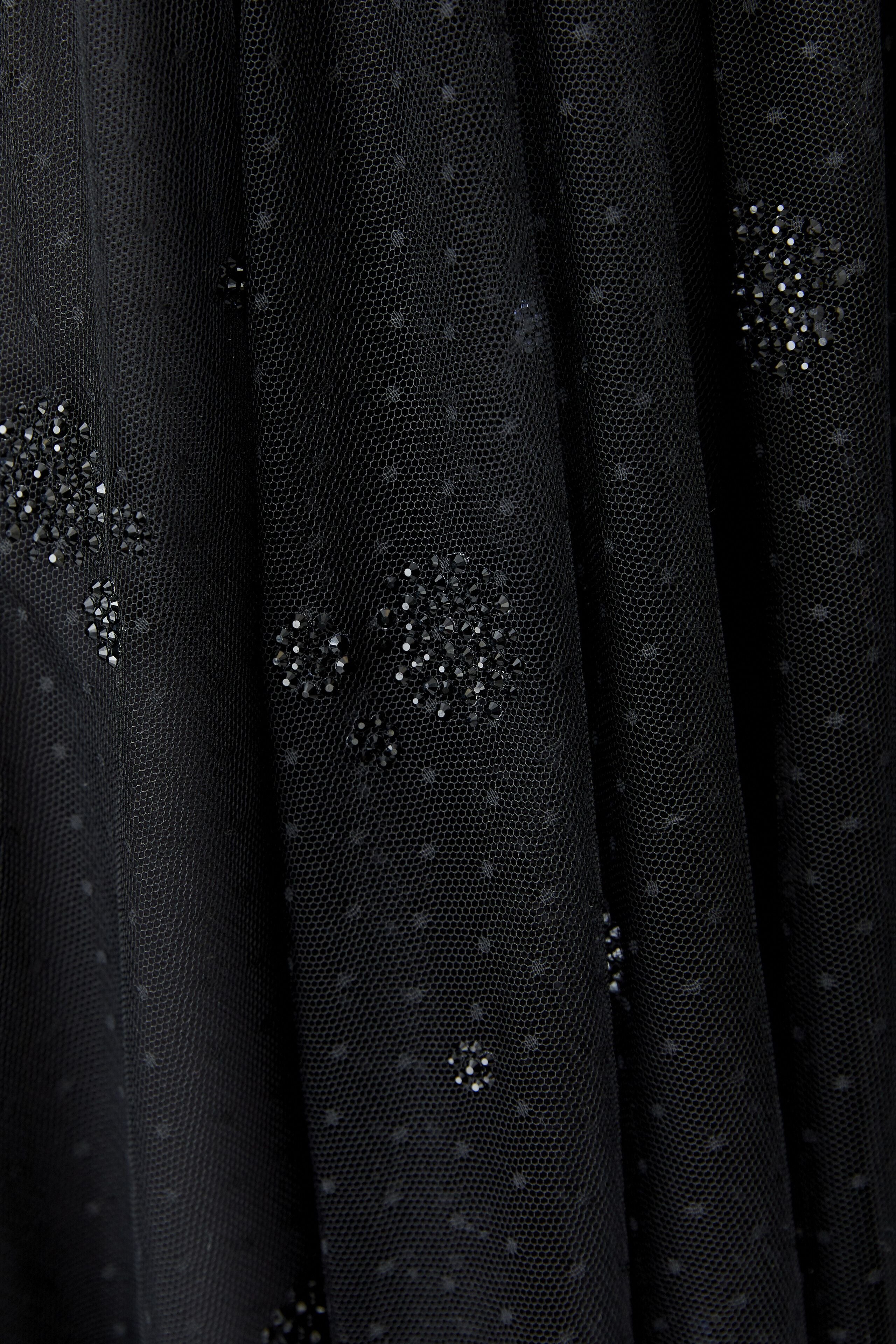 Oui black tulle midi skirt with scattered sparkling stones – fabric detail