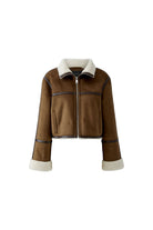 Oui brown faux shearling zip jacket with cream collar and cuffs – product front view